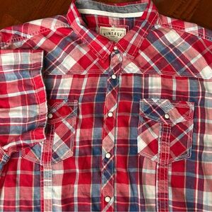 BKE Vintage Red Plaid Athletic Fit Short Sleeve Western Pearl Snap Shirt
